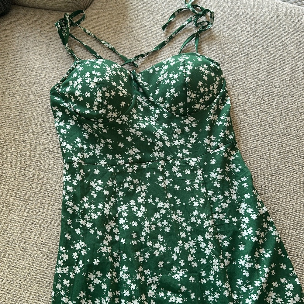 Green floral midi dress with thigh slit